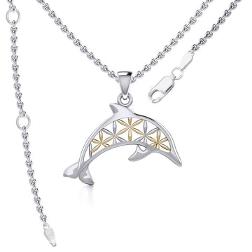 Swimming Dolphin with Flower of Life Silver and Gold Accent Pendant and Chain Set MSE975 - Jewelry